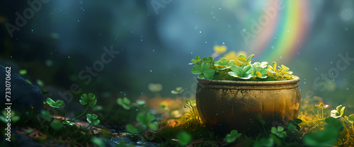 A golden pot with a rainbow and green clovers