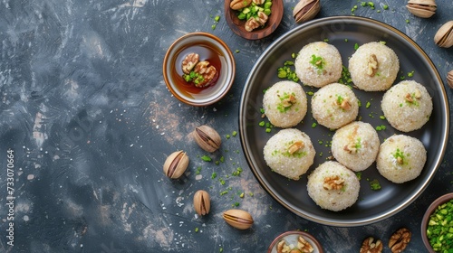 Arabic sweets. Traditional eid semolina maamoul or mamoul cookies with dates , walnuts and pistachio nuts . Top view, copy space