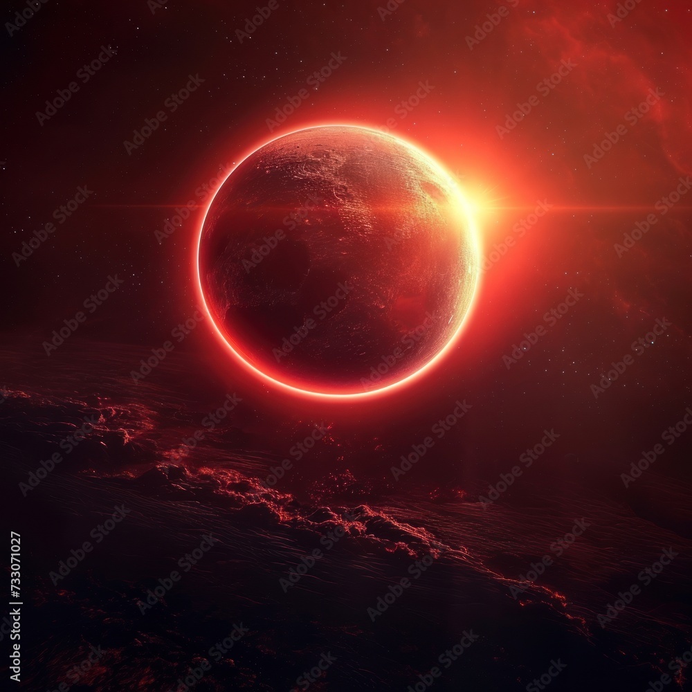 Sun-like red planet with clouds covering the surface layer, mystical planet in space close up. Concepts for knowledge, imagination, fantasy, science, setting etc. Generative Ai