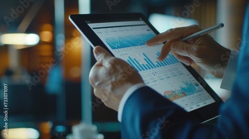 Business person analyzing financial statistics displayed on the tablet screen photo