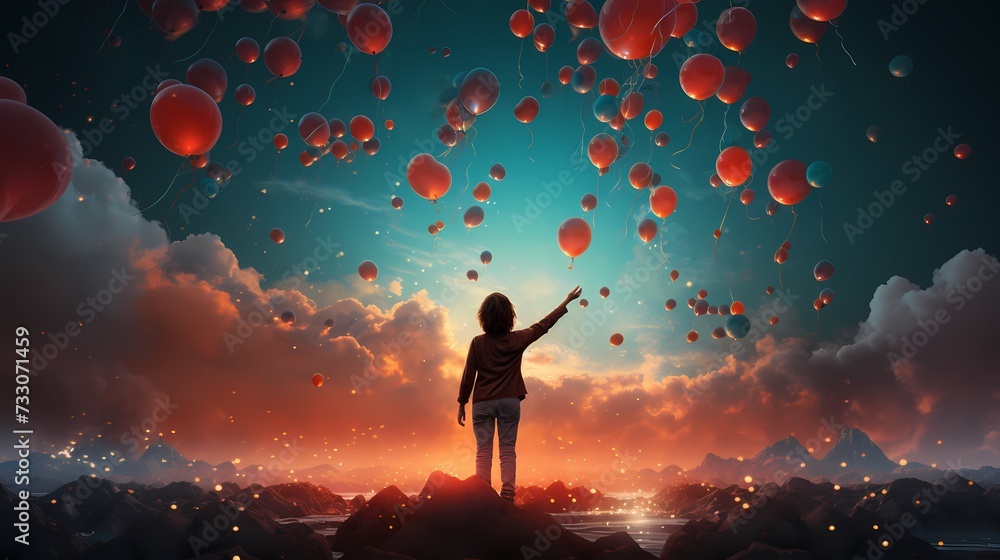 An artistic composition featuring a person releasing a single birthday balloon into the sky, symbolizing the joy and hope that comes with each passing year