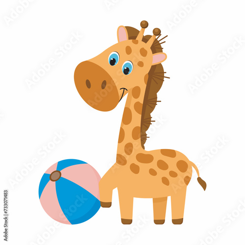 Cartoon vector giraffe.  Cute giraffe on white background. Vector giraffe with ball.