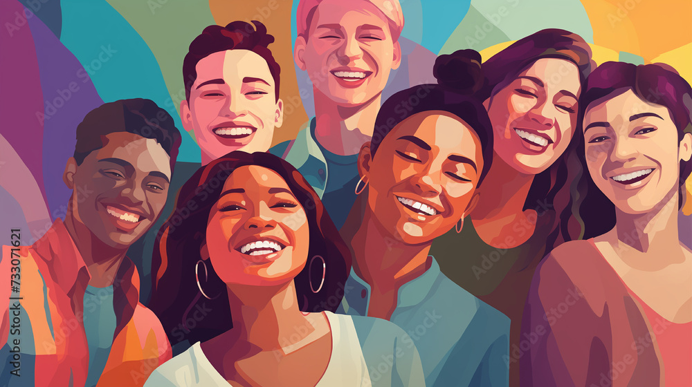 Vibrant flat-style portrait with smiling faces, earth tones, and graphic elements. Vibrant flat-style portrait with smiling faces, earth tones, and graphic elements.
