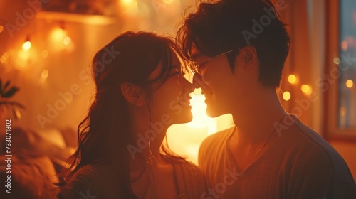 intimate moment, young Korean couple in a modern apartment celebrating, cozy evening ambiance, dorama style