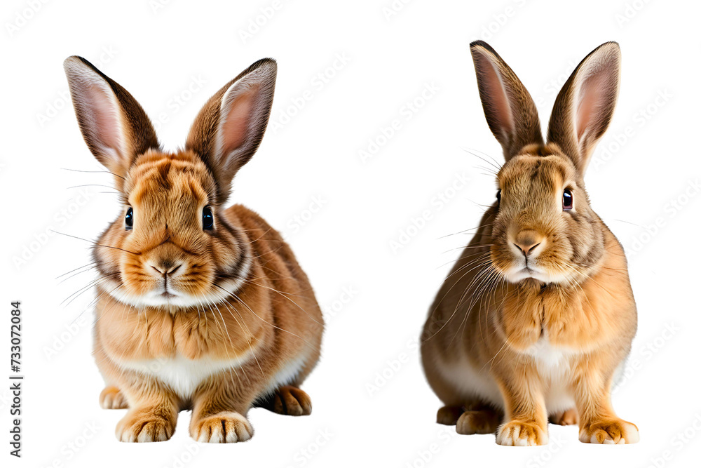 Two cute easter bunny brown color on transparent background.