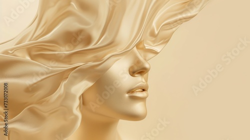 Fashionable aesthetic woman face made of golden metal texture, silky cloth in motion, on beige background with free place for text. Banner for beauty, fashion, makeup or cosmetics product photo