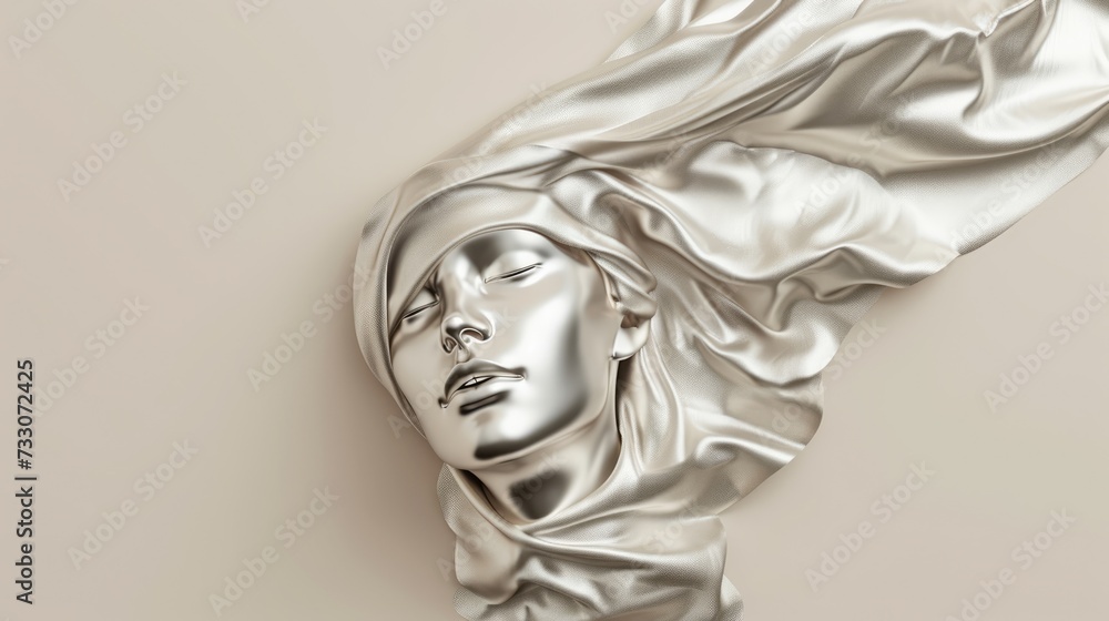 Fashionable aesthetic woman face made of silver metal texture, silky cloth in motion, on beige background with free place for text. Banner for beauty, fashion, makeup or cosmetics product.