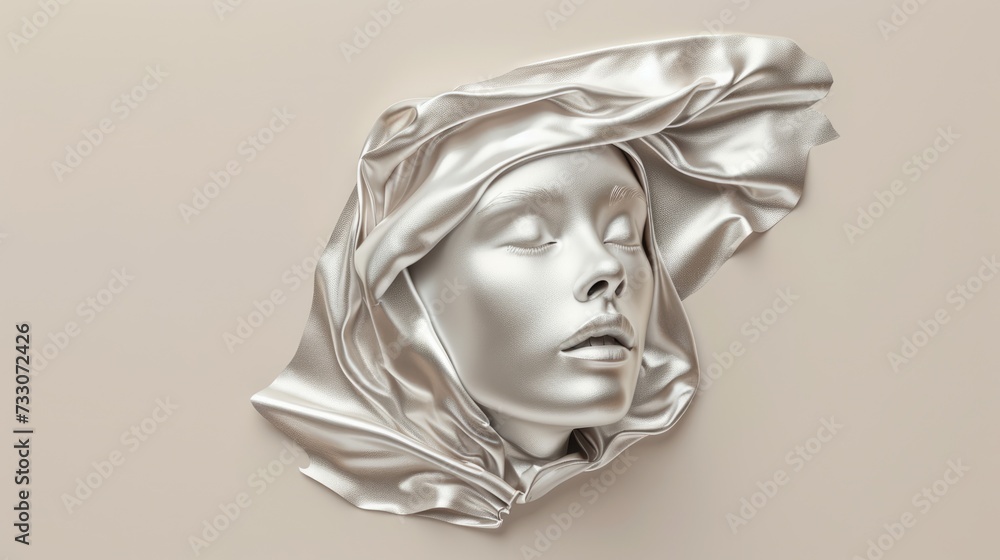 Fototapeta premium Fashionable aesthetic woman face made of silver metal texture, silky cloth in motion, on beige background with free place for text. Banner for beauty, fashion, makeup or cosmetics product.