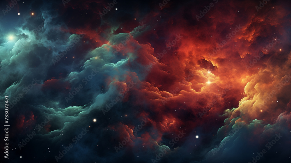 Vibrant space scene with colorful clouds and nebulas, in a mesmerizing palette.