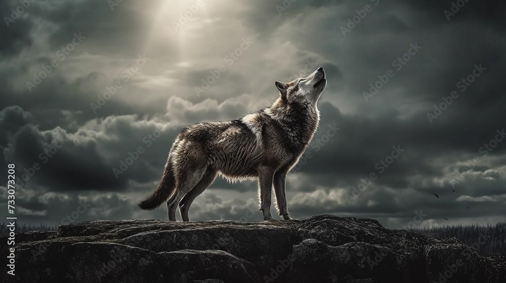Fototapeta premium AI generated illustration of a majestic gray wolf atop a rocky outcrop