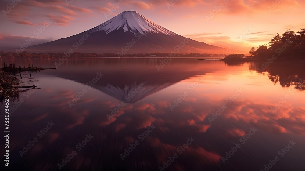the sun sets in front of a volcano and trees with a lake