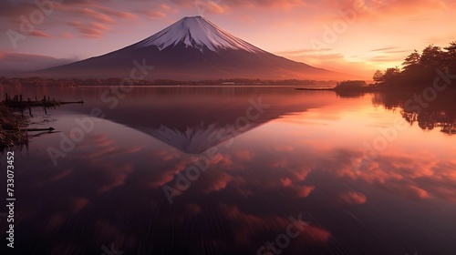 the sun sets in front of a volcano and trees with a lake