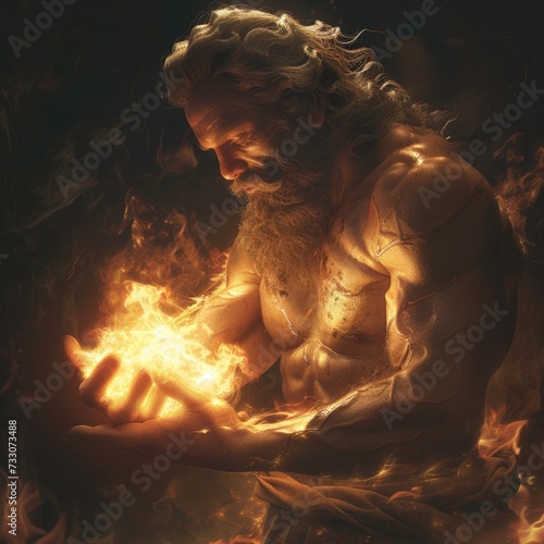 Ignite enlightenment: prometheus, the olympian god, holds fire in hands, symbolizing defiance and the gift of knowledge, a mythic embodiment of empowerment and rebellion