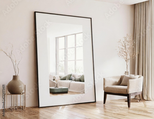 Mockup frame in living room interior  3d render  reflective glass  glosy frame