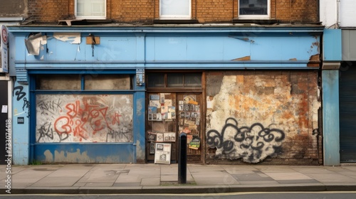 a picture of a storefront with lots of graffiti on the walls photo
