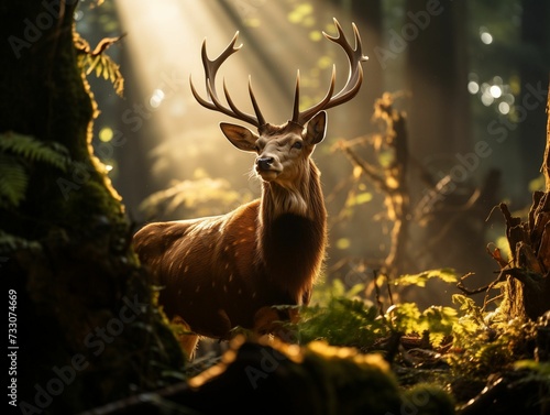 AI generated illustration of a white-tailed deer stands in a tranquil forest © Wirestock