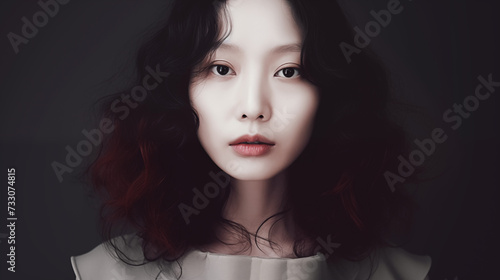 Asian woman lady dark background dark black curly hair