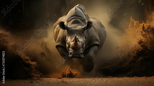 AI generated illustration of a rhinoceros running through a dirt path in a dark, lush forest photo