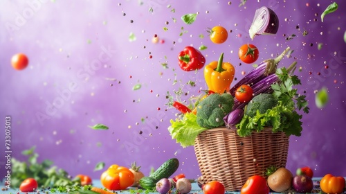 Various vegetables in a basket on a purple background Many vegetables and healthy food ideas