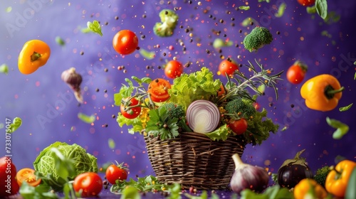 Various vegetables in a basket on a purple background Many vegetables and healthy food ideas
