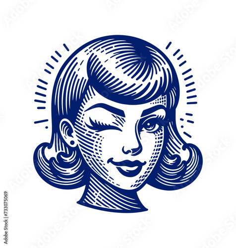 Retro Girl Winks. Vintage woodcut engraving style vector illustration isolated on white.