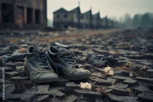 An old pair of shoes with untied laces in a dilapidated ex prison camp. Holocaust symbol photo