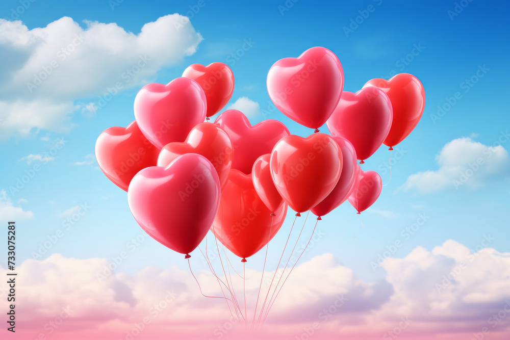 A cluster of vibrant red and pink heart-shaped balloons against a soft blue sky