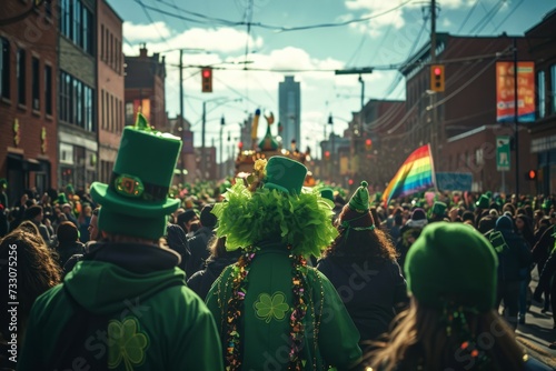 A festive St. Patrick's Day parade scene with people wearing green costumes and accessories