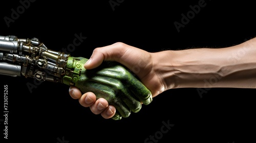 a man is holding onto a green and metal robotic hand © Wirestock