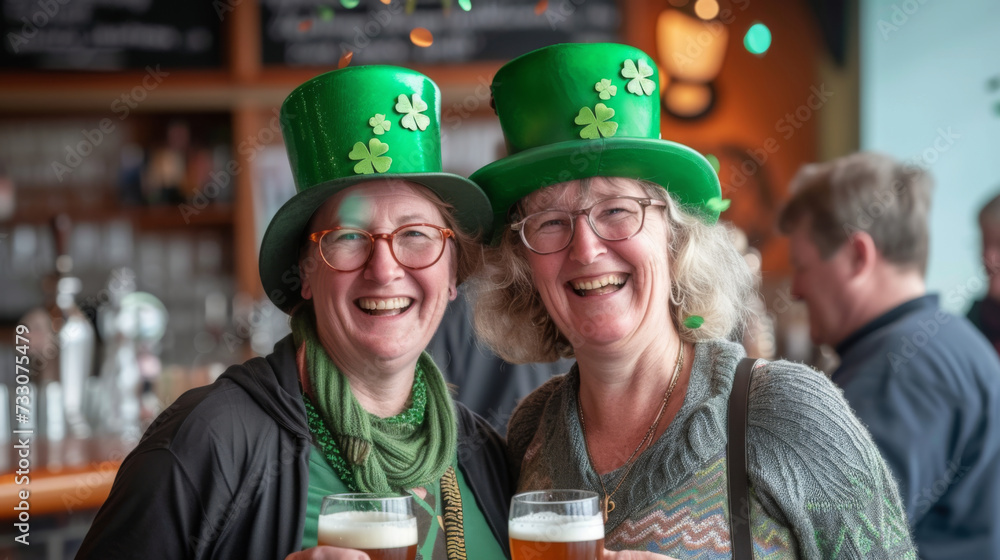 Joyous St. Patrick's Day celebration. Two elderly women share a laugh, toasting with beer, adorned in green St. Patrick's Day hats, with confetti and a pub backdrop Joyous St. Patrick's Day celebration. Two elderly women share a laugh, toasting with beer, adorned in green St. Patrick's Day hats, with confetti and a pub backdrop