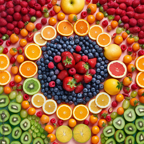 A vibrant array of assorted sliced fruits forming a circular pattern.