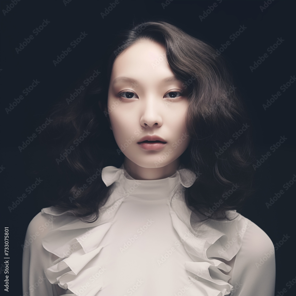 Asian woman lady dark background dark black curly hair Asian woman lady dark background dark black curly hair