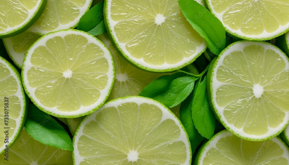AI generated illustration of a close-up of several slices of lime and mint
