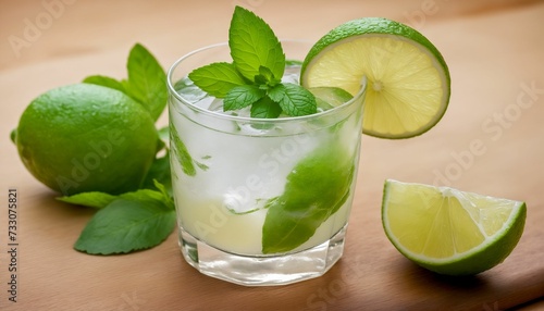 AI generated illustration of an icy-cold refreshing cocktail with lime and mint leaves