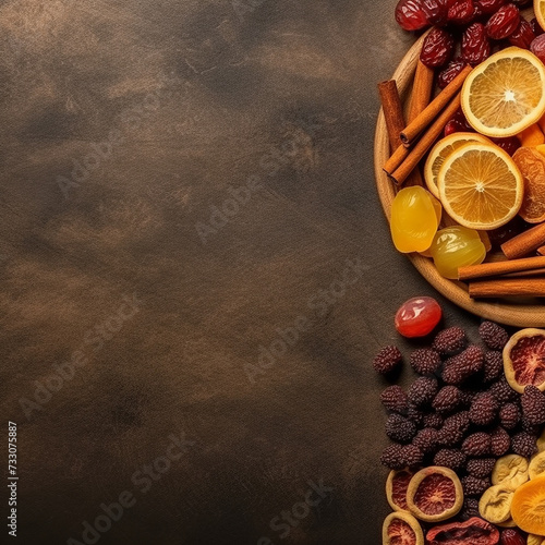 Assorted dried fruits, citrus and cinnamon on dark background