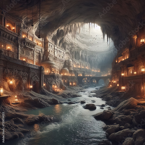 Underground city with river and rooms, fantasy of lost cave town, Surreal mystical fantasy artwork