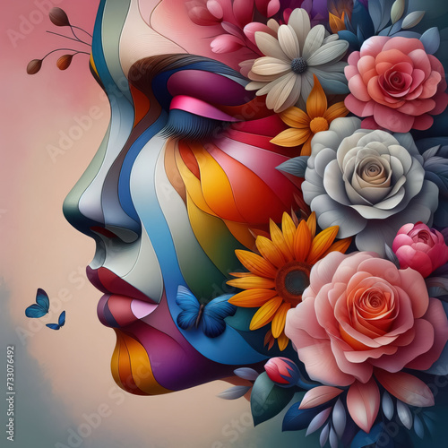 facial profile and flowers style realistic still life painting for international women's day