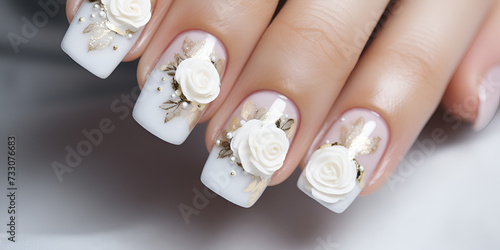 Bridal Bliss: Long Nails Adorned with White Roses in a French Manicure photo