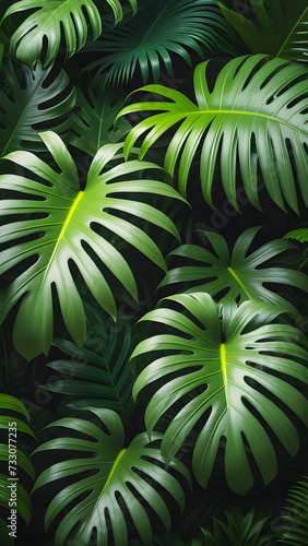 Lush Canopy: Illustration of Green Tropical Forest with Natural Leaves. tropical forest background illustration. vertical 9:16 format. generative AI