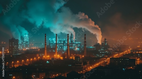 Urban factories and smoking chimneys. Environmental pollution problem. Smoke-polluted industrial city. Depressive urbanism at night