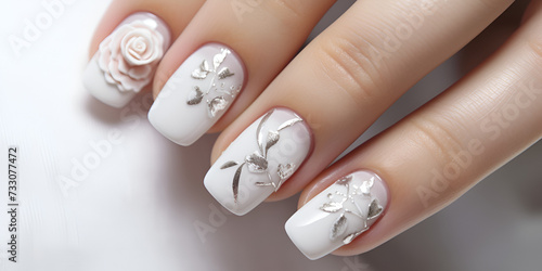 Ethereal Elegance: A French White Manicure with White Roses for Your Wedding Day photo