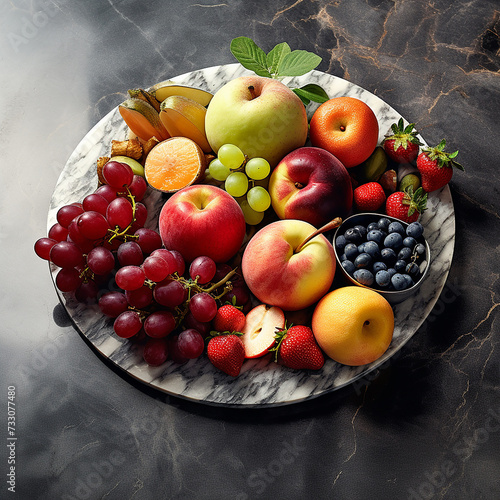 Assorted fresh fruits on a dark surface.