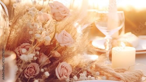 A Symphony of Romance: Beautiful Bouquet and Dried Flowers Illuminated by Candlelight on Valentine's Night