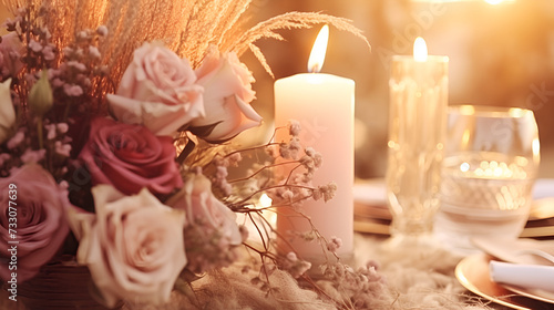 Romantic Revelry: Close-Up View of Roses and Dried Flowers on the Dinner Table for Valentine's Day