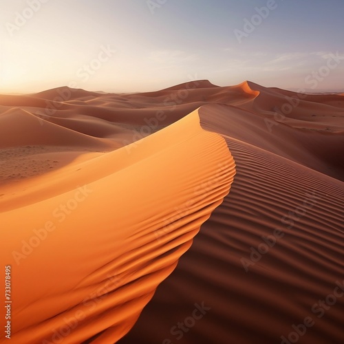 AI generated illustration of a breathtaking view of the Sahara desert, with towering sand dunes