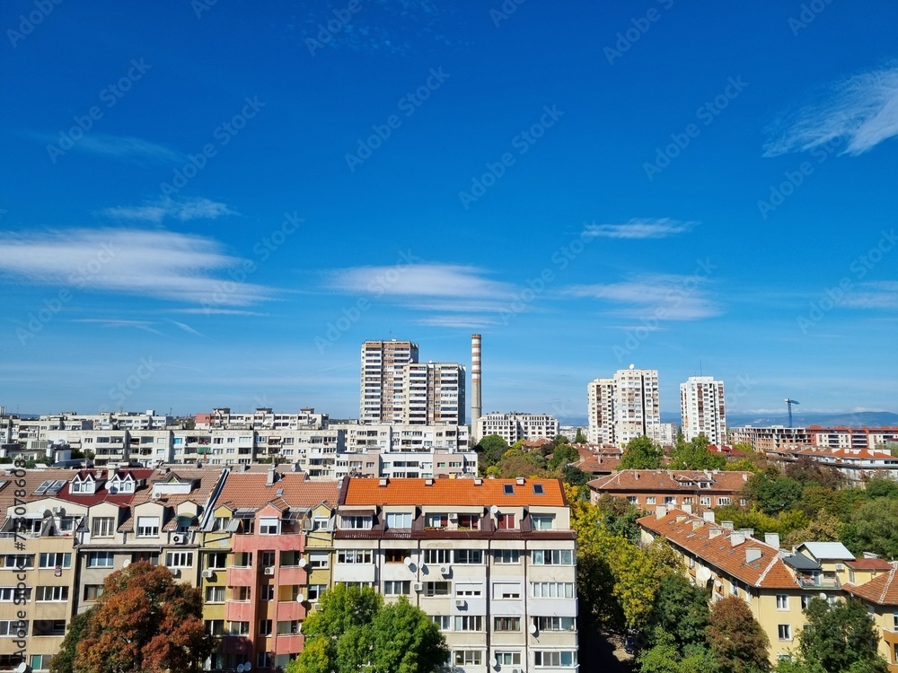 Aerial view of residential buildings in Sofia city, Bulgaria on a sunny day