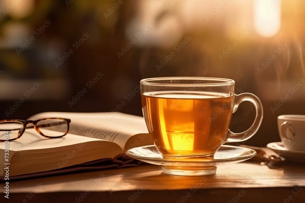 AI generated illustration of a steaming cup of tea on a wooden table next to an open book AI generated illustration of a steaming cup of tea on a wooden table next to an open book