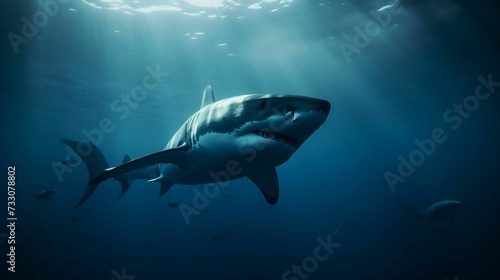 AI generated illustration of a large shark swimming underwater in a tropical ocean photo