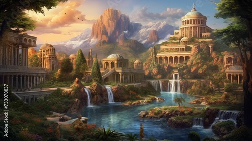 AI generated ancient city surrounded by buildings and flowing waterfalls