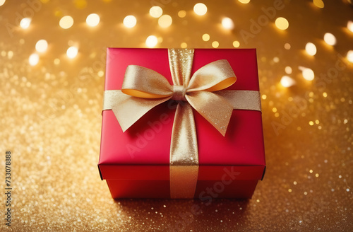 Red gift box owith goden riibon bow